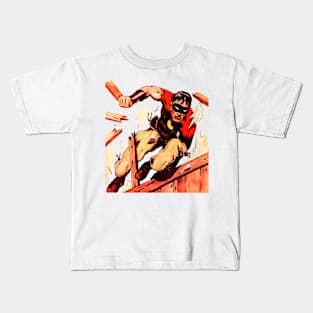 Masked Superhero Force Action Jump Breaking Glass Window Door Le Causeur Redoutable Trio Retro Comic Vintage Old Cartoon Kids T-Shirt